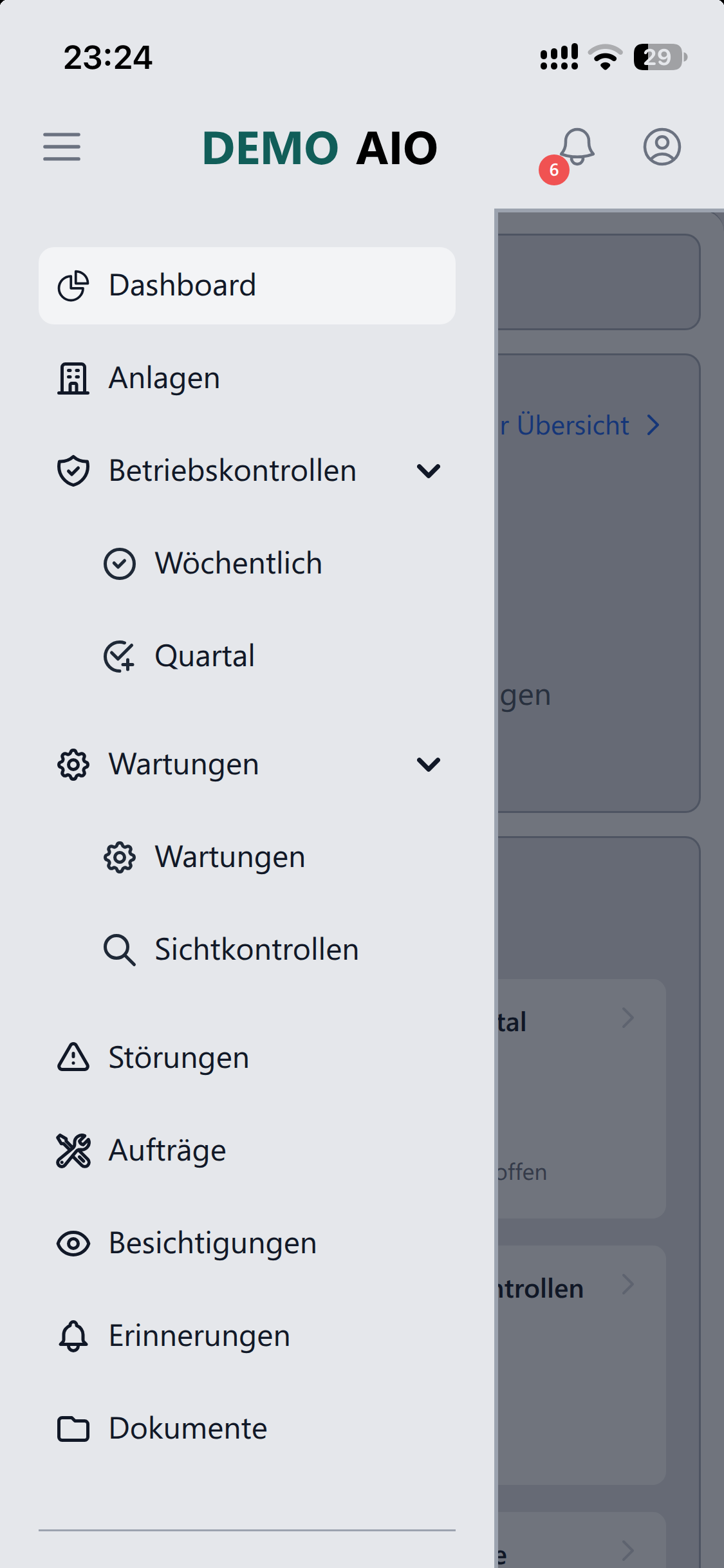Navigation der App mit Anlagen, Betriebskontrollen, Wartungen, Störungen, Aufträgen, Besichtigungen und Dokumenten